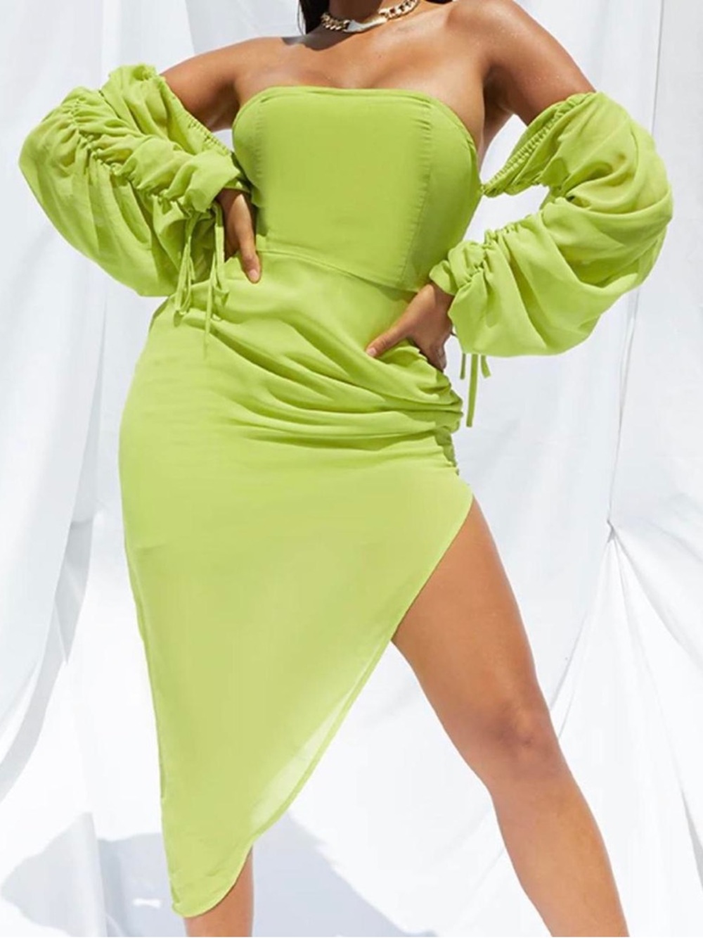 Lime Green Off-Shoulder Asymmetric Dress